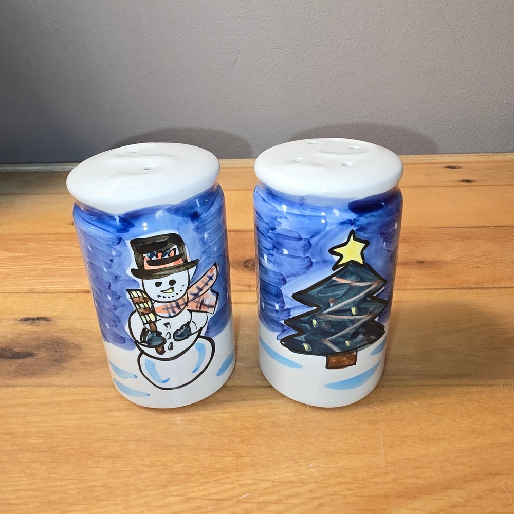Hand Painted Ceramic Snowman Christmas Tree Salt and Pepper Shakers Set MCM